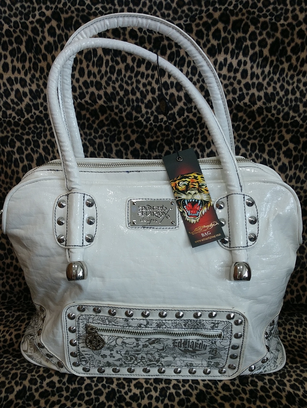 Ed Hardy White Patent Studded Satchel Bag